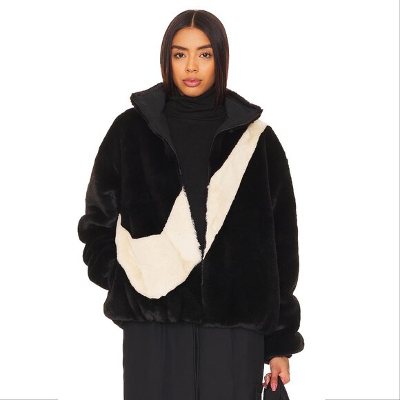 NIKE Faux Fur Plush Swoosh Teddy JACKET Size S Oversized Black Fossil Logo NEW - Picture 3 of 11
